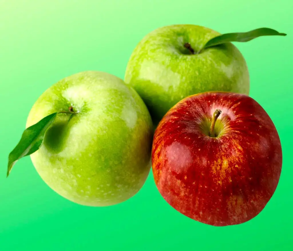 Two green apples and one red apple
