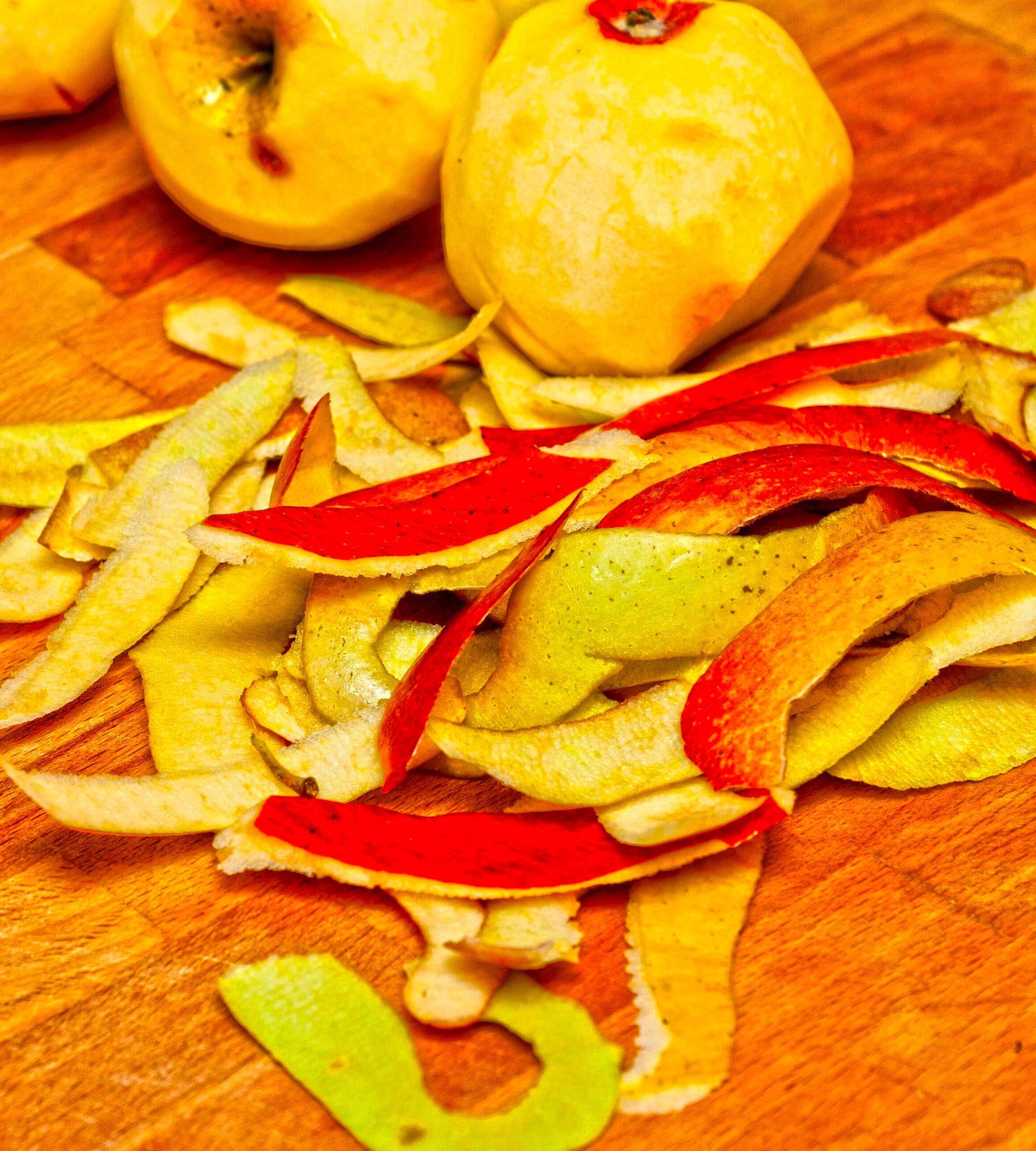 Peeled apples and peels