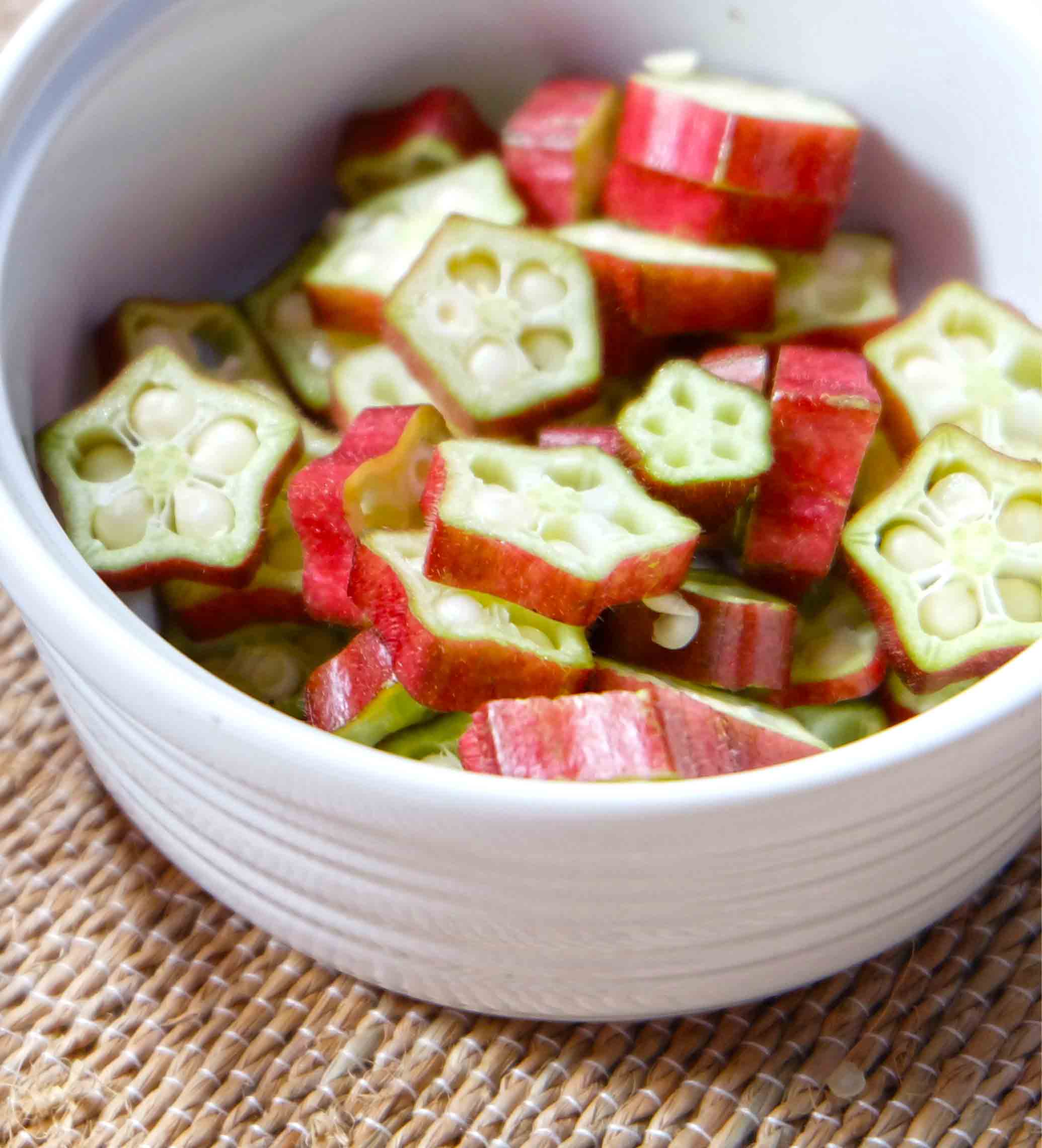 Red okra slices bowl