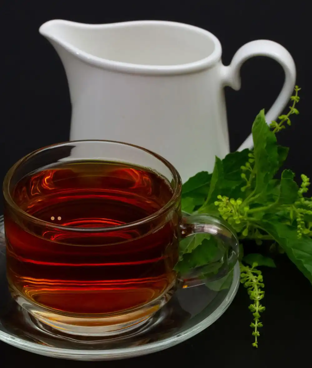 Tulsi tea cup and leaves
